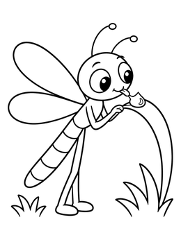 A sweet dragonfly coloring page shows the insect drinking a dewdrop from grass.