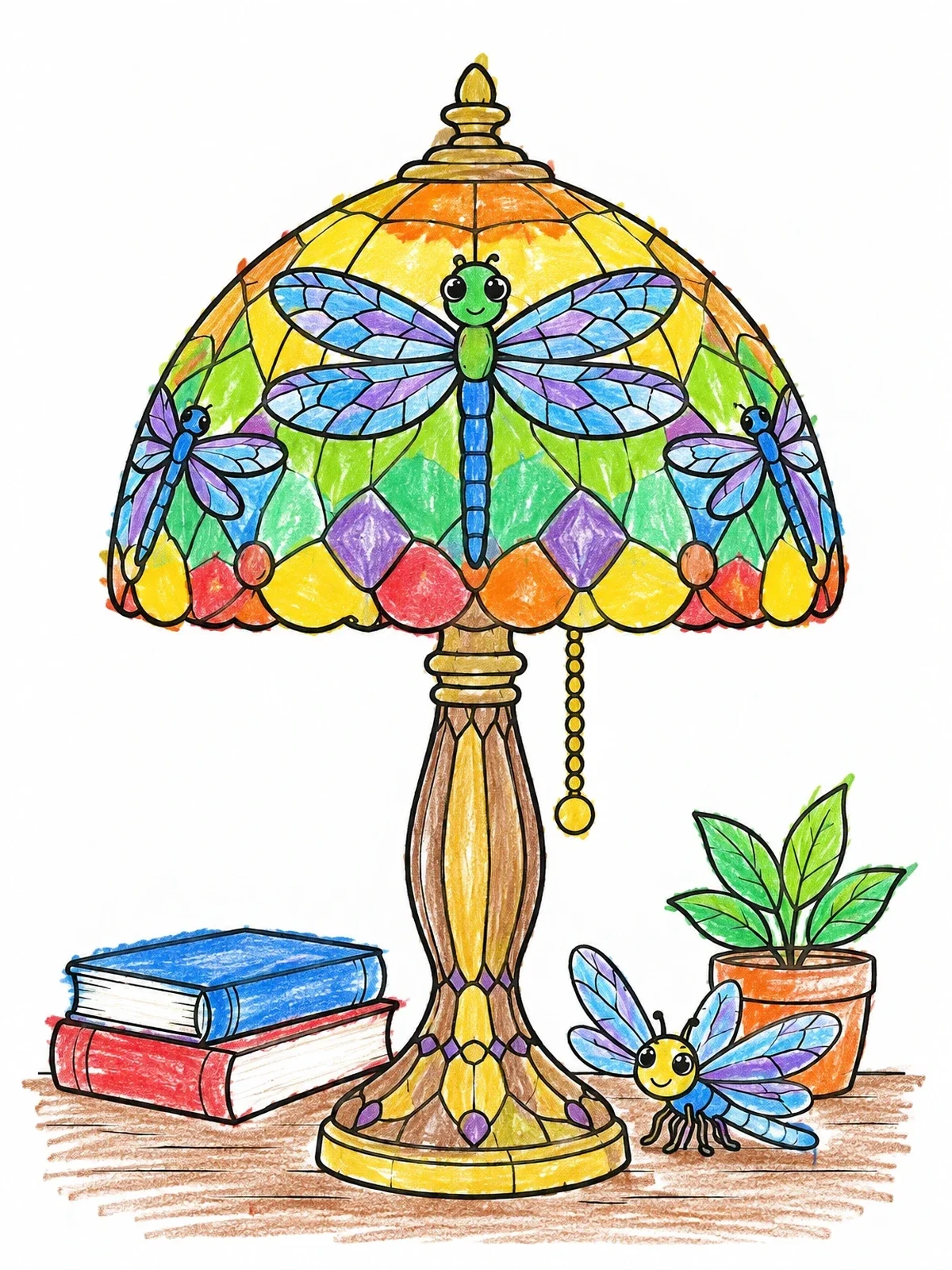 Colored example of the Cute Dragonfly Tiffany Lamp On A Desk coloring page