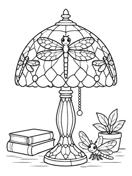 Free printable Cute Dragonfly Tiffany Lamp On A Desk coloring page