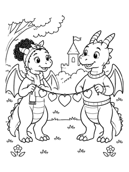 Free printable Cute Dragons Holding Heart Garland coloring page