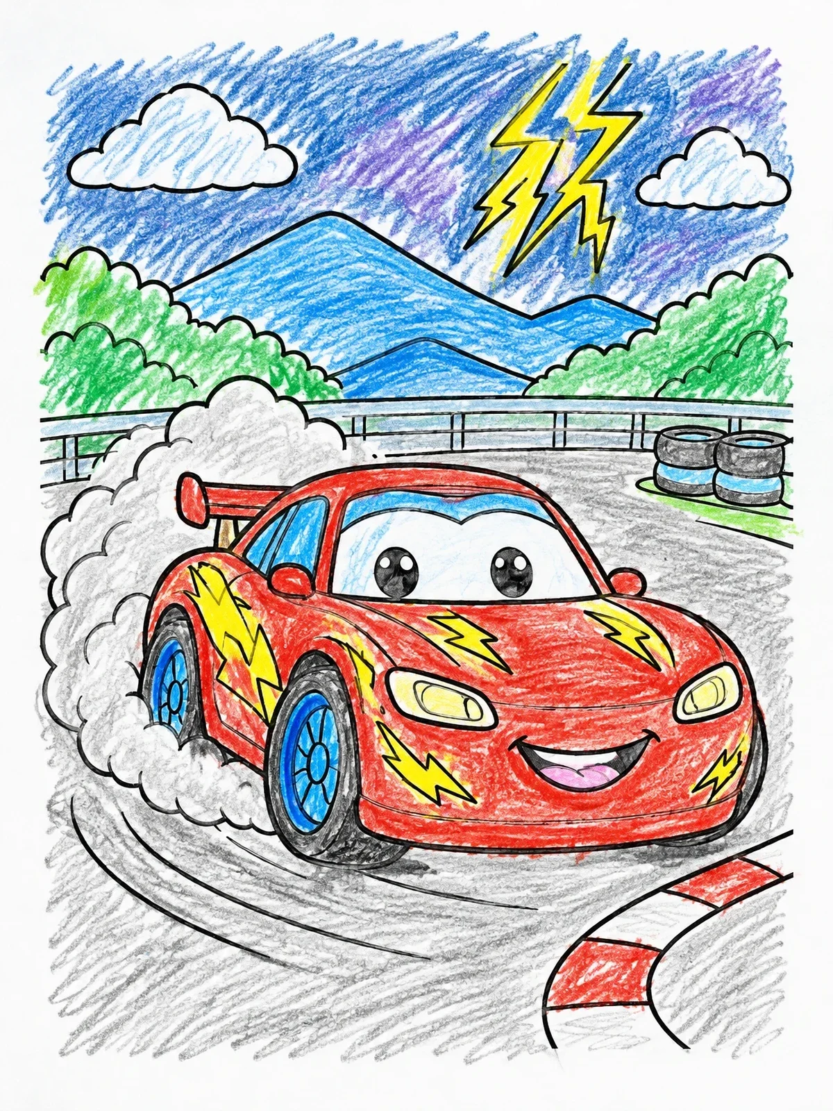 Colored example of the Cute Race Car Drifting With Lightning coloring page