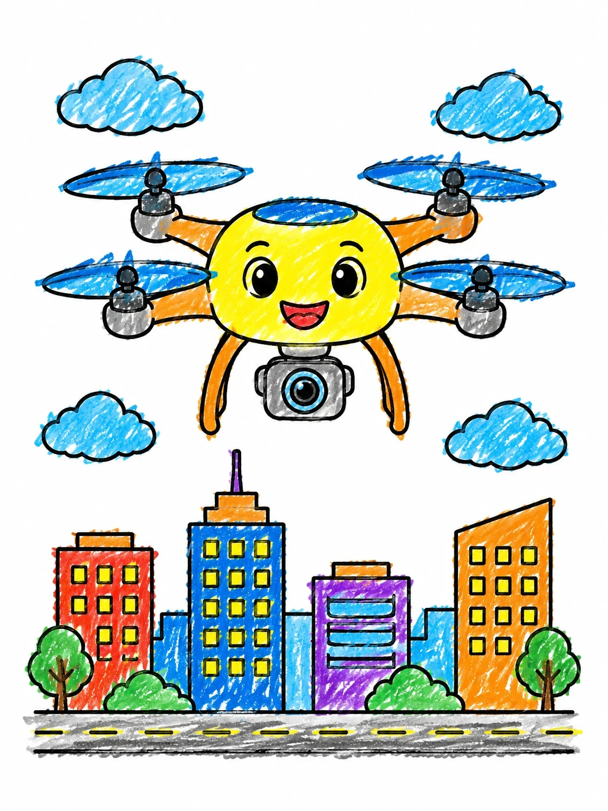 Colored example of the Happy Drone Flying Over City coloring page