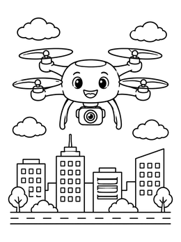 Free printable Happy Drone Flying Over City coloring page
