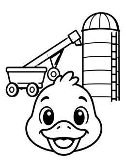 A cheerful duck smiling before a grain silo and wagon on this cute farm coloring page.