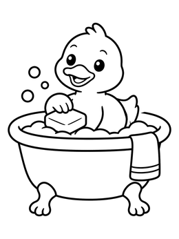 A cheerful duckling holds soap in a bubble bath on this duck coloring page.