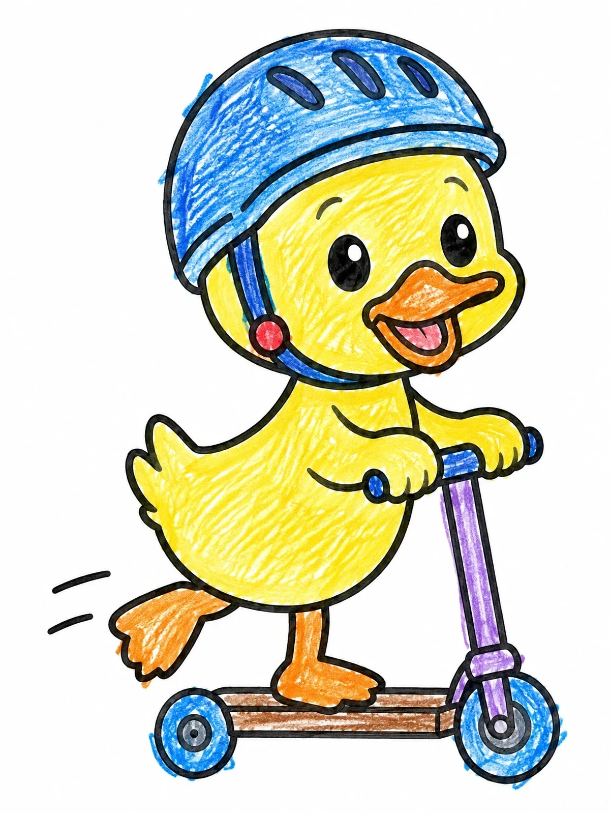 Colored example of the Cute Duck Riding A Scooter coloring page