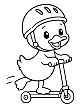 A cheerful duck coloring page showing a duckling riding a kick scooter with a helmet.