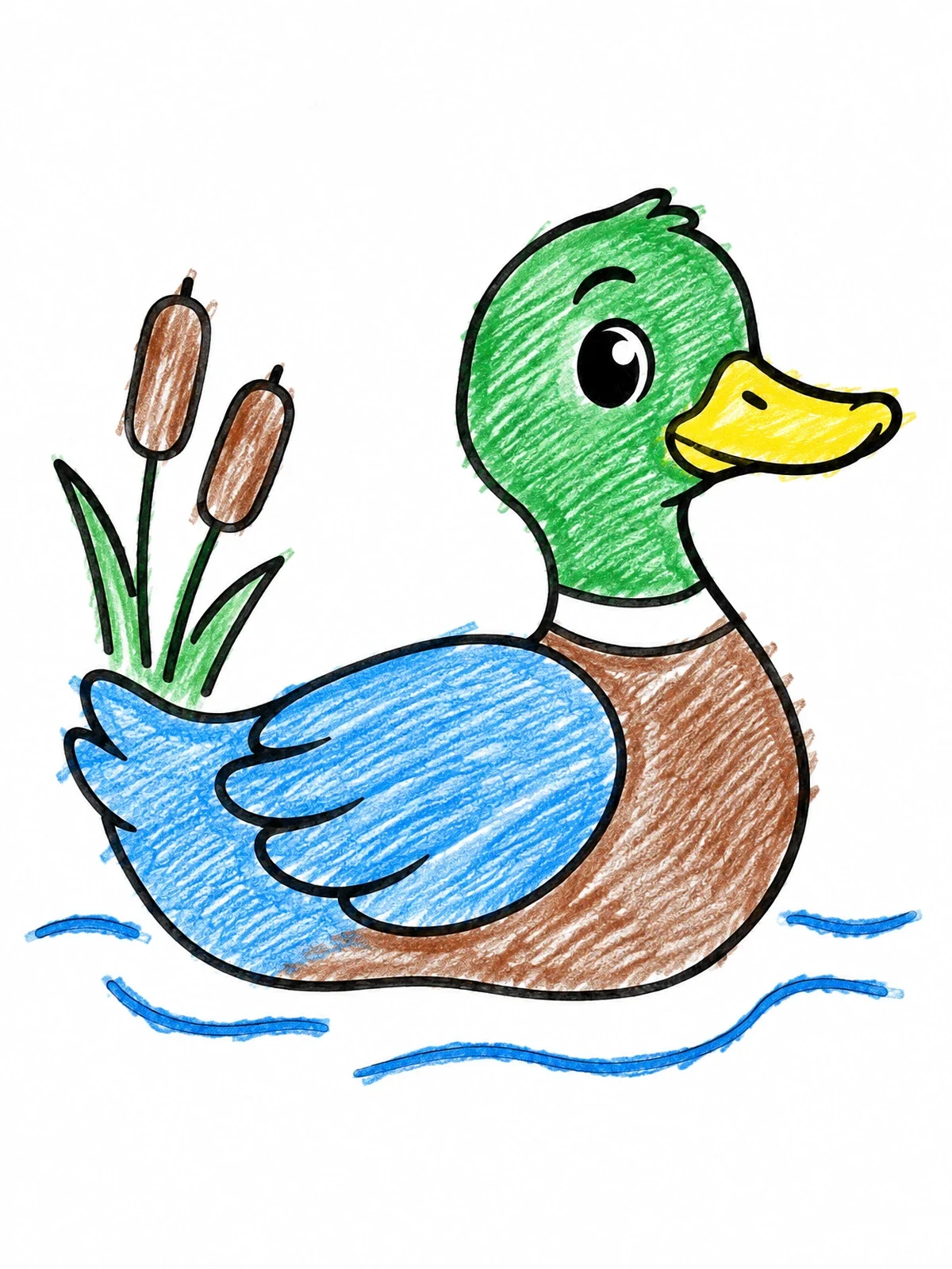 Colored example of the Cute Duck Swimming By Cattails coloring page