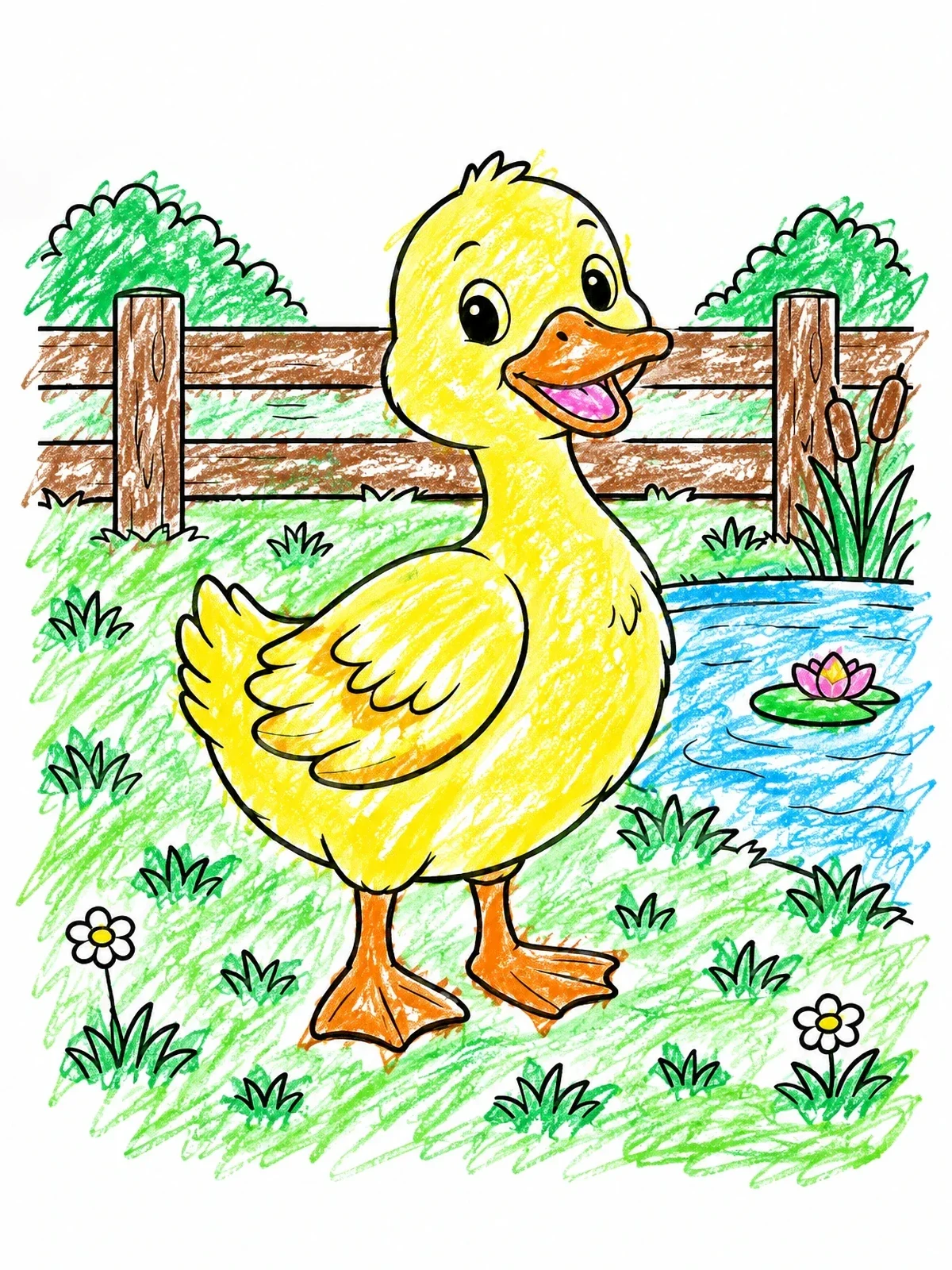 Colored example of the Cute Duckling By The Pond coloring page