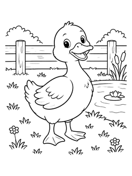 A cheerful duckling stands by a farm pond in this duck coloring page.