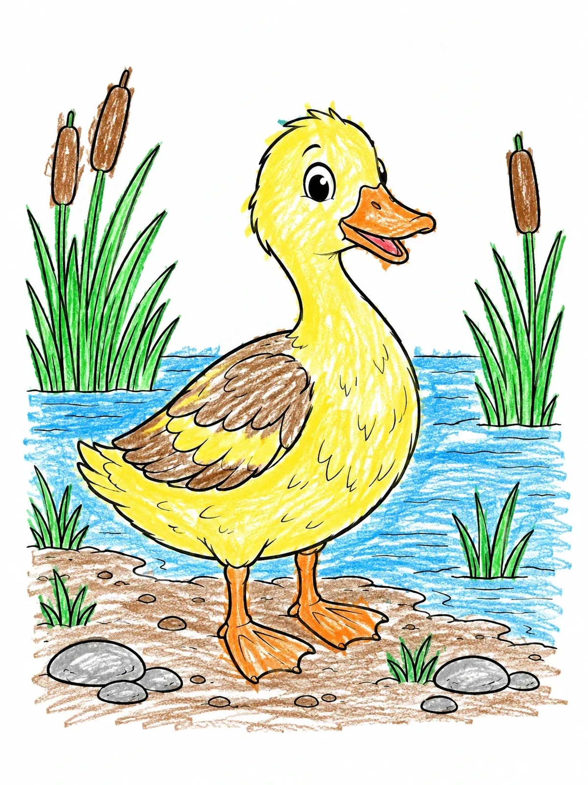 Colored example of the Cute Duckling By The Pond coloring page