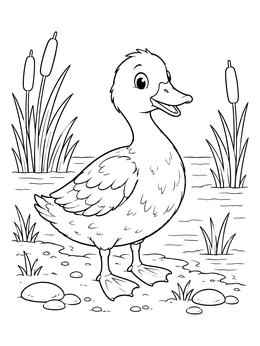 A cheerful duckling stands near bulrushes on this duck coloring page.