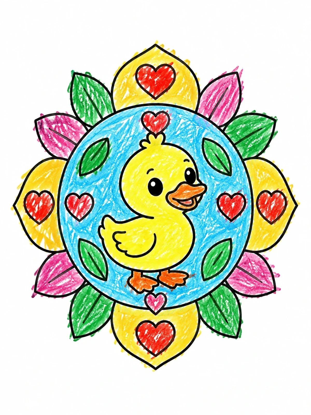 Colored example of the Cute Duckling Mandala With Hearts coloring page