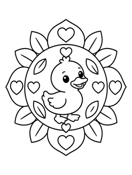 A sweet duckling surrounded by hearts and petals on this duck coloring page.