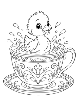 A cheerful baby duck splashing in water inside an ornate cup coloring page.