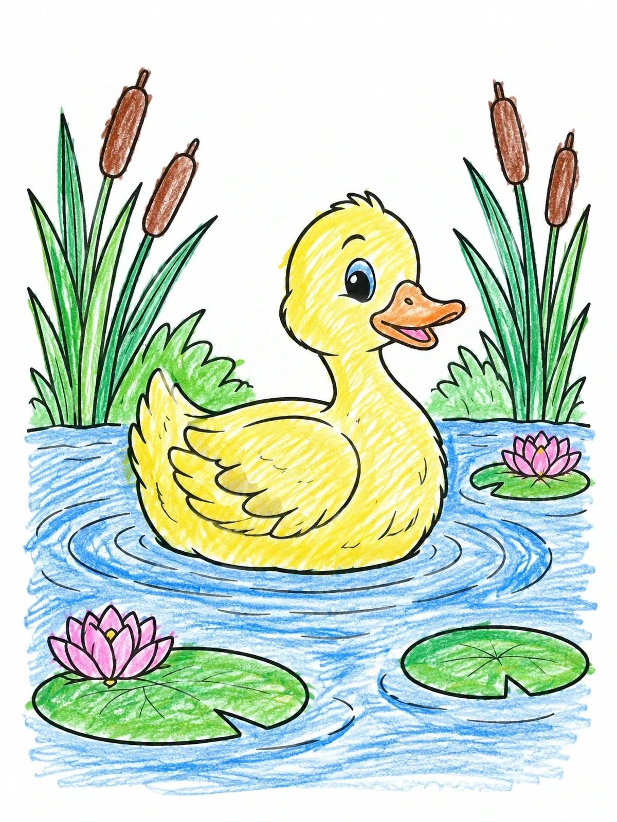 Colored example of the Cute Duckling Swimming In Pond coloring page