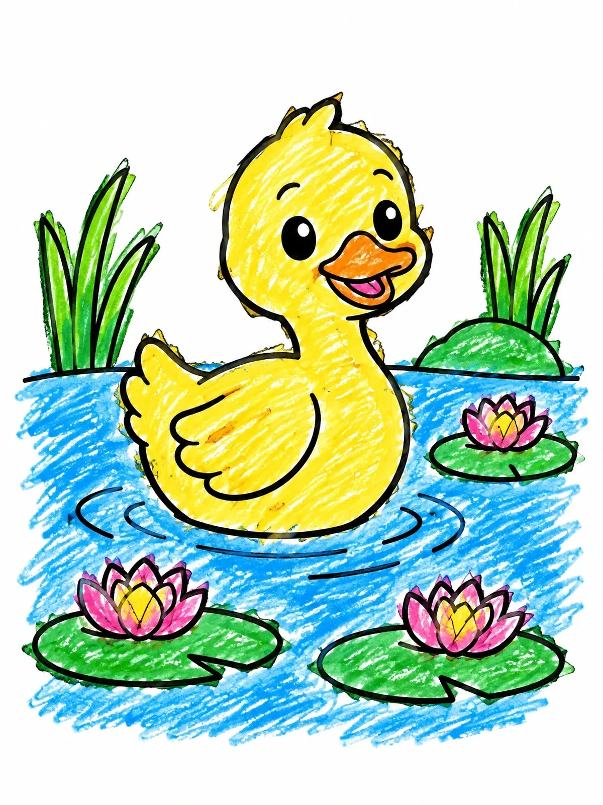 Colored example of the Cute Duckling Swimming On Pond coloring page