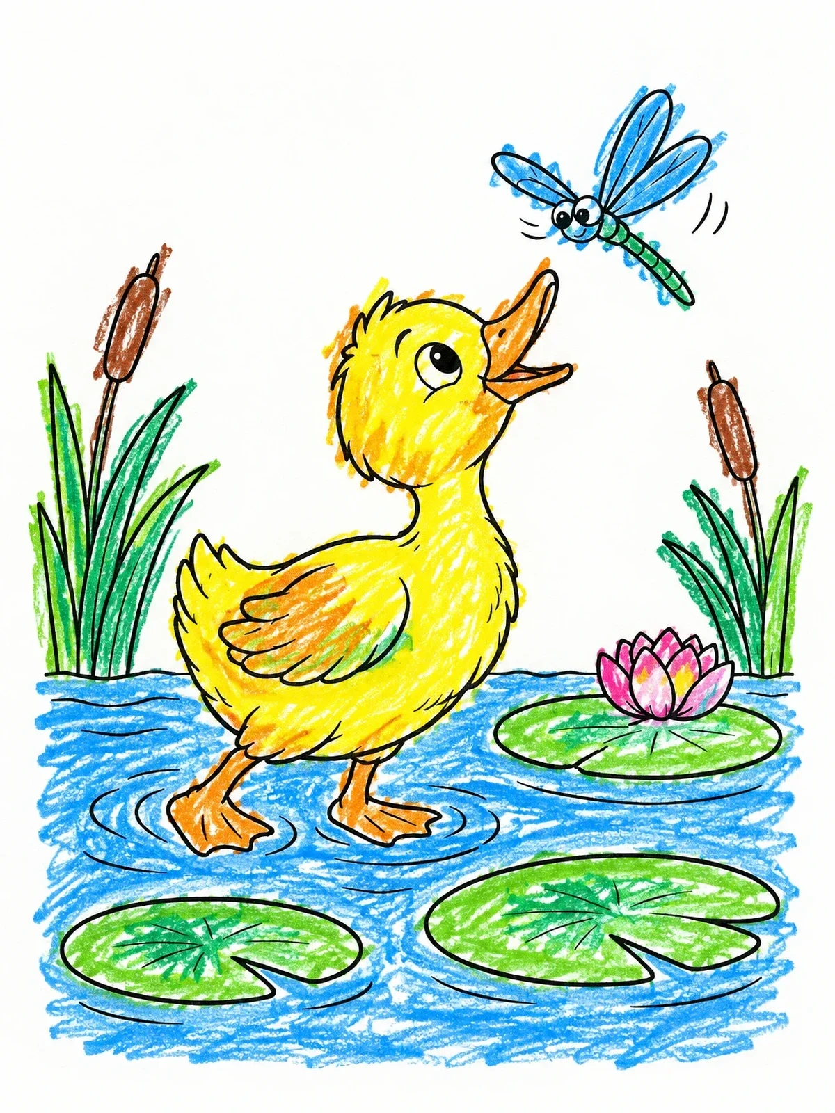 Colored example of the Cute Duckling And Friendly Dragonfly coloring page