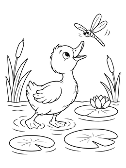 A cheerful duck coloring page showing a duckling looking up at a dragonfly in a pond.