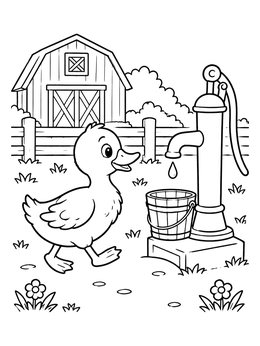 A cheerful duckling waddles toward a water pump on this farm coloring page.