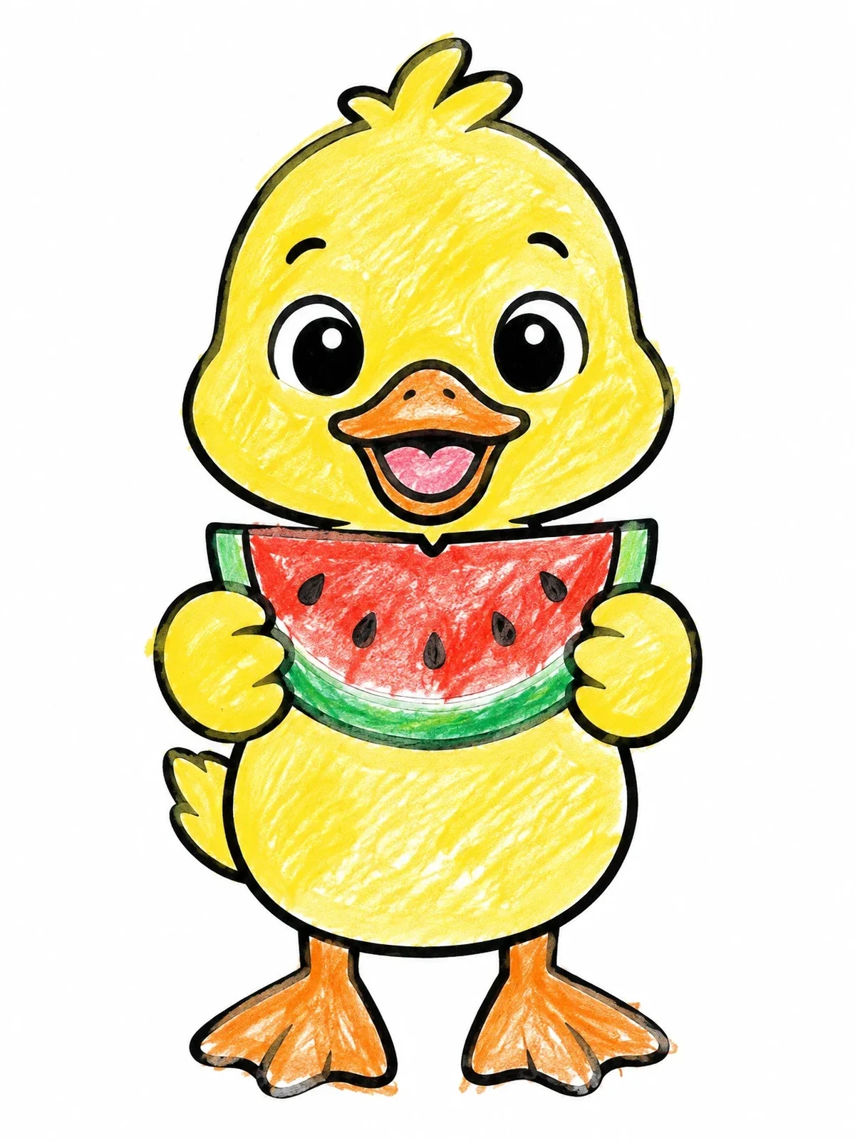 Colored example of the Cute Duckling With Watermelon Slice coloring page