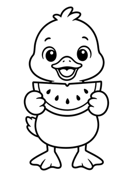 A cheerful baby duck holding a slice of fruit in this duck coloring page.