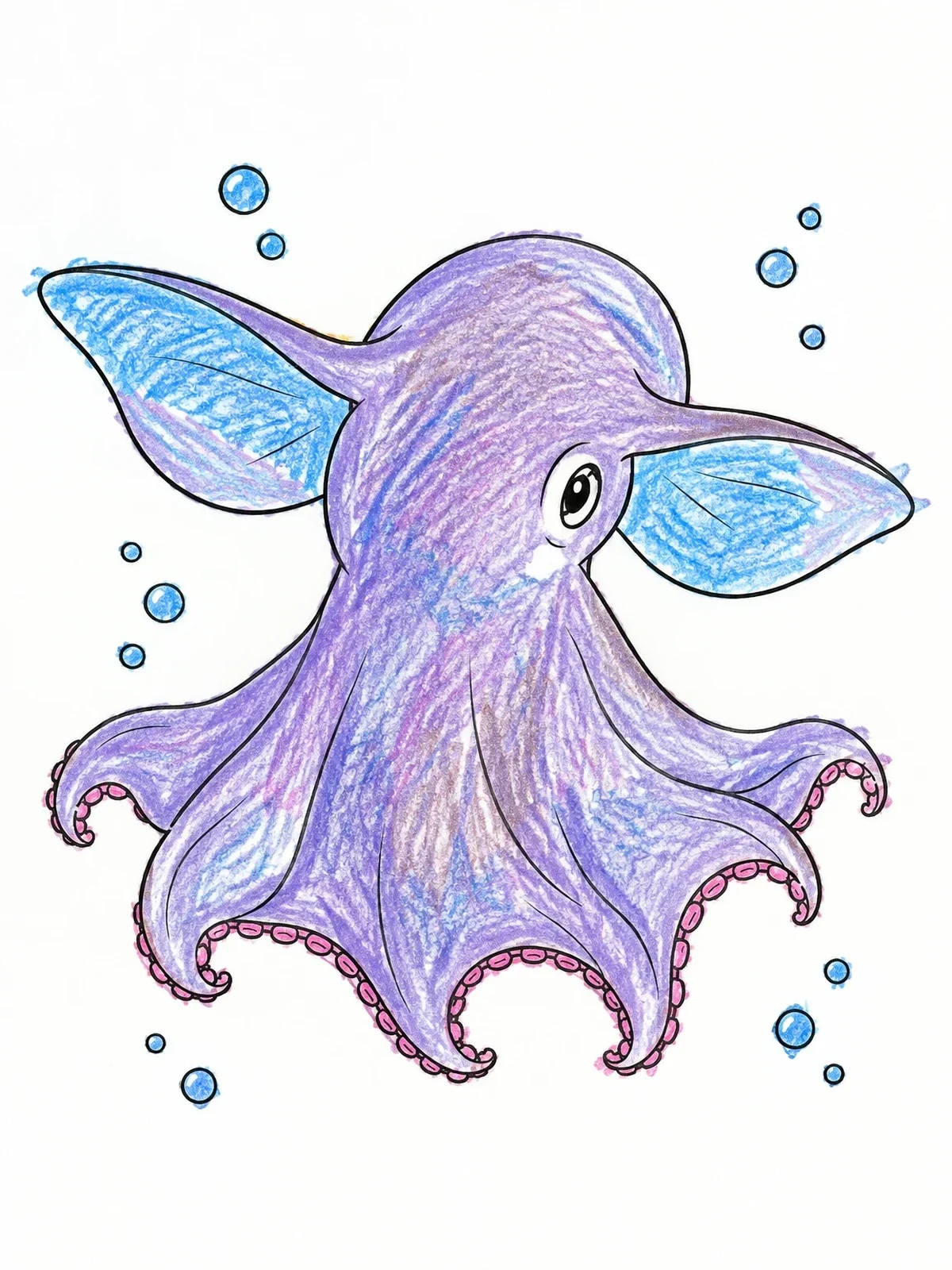 Colored example of the Cute Dumbo Octopus Swimming coloring page