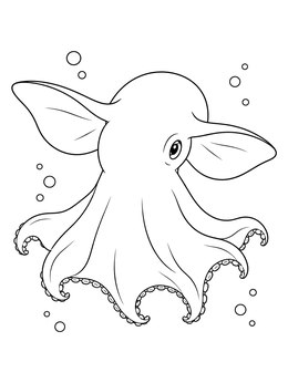A dumbo octopus coloring page with large ear-like fins floating amid bubbles.