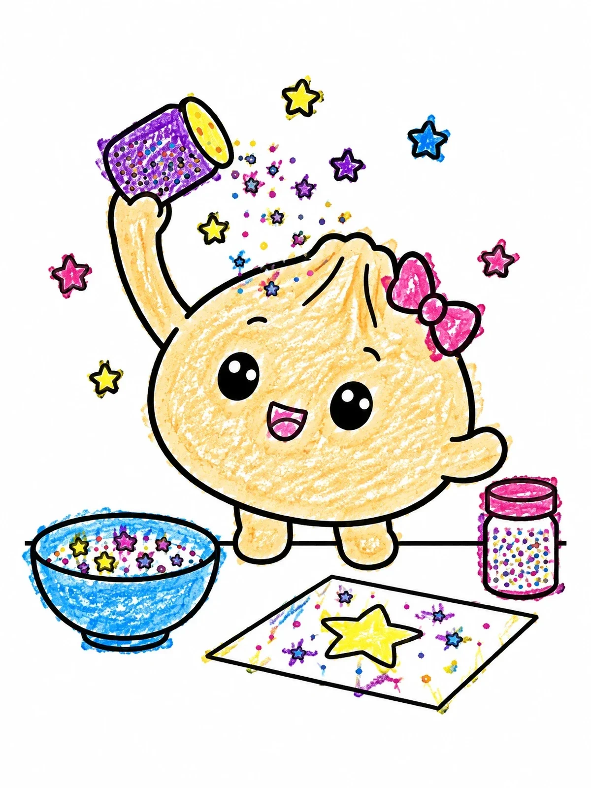 Colored example of the Cute Dumpling Sprinkling Craft Glitter coloring page