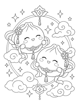 A pair of happy dumpling characters surrounded by clouds on a glitter coloring page.