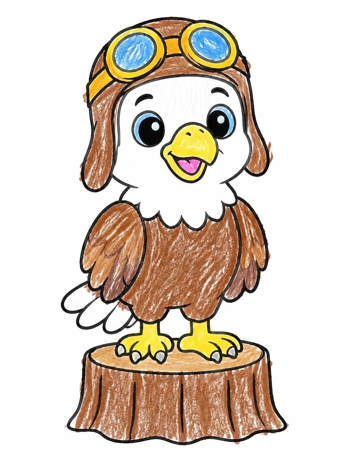 Colored example of the Little Pilot Eagle On Tree Stump coloring page