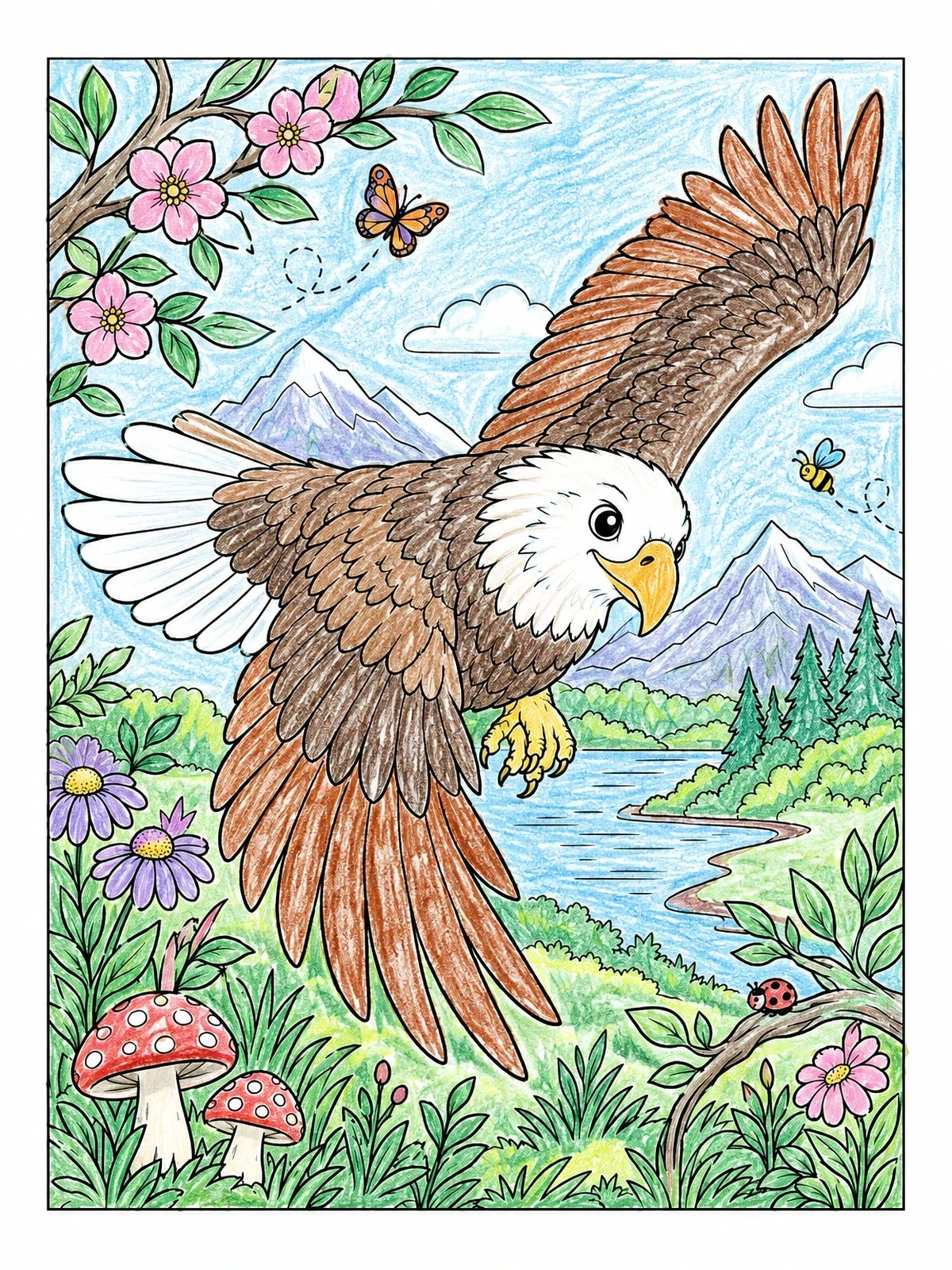 Colored example of the Cute Eagle Flying Over Mountain Valley coloring page