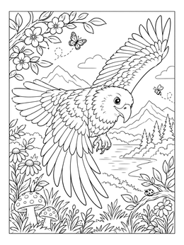 Free printable Cute Eagle Flying Over Mountain Valley coloring page