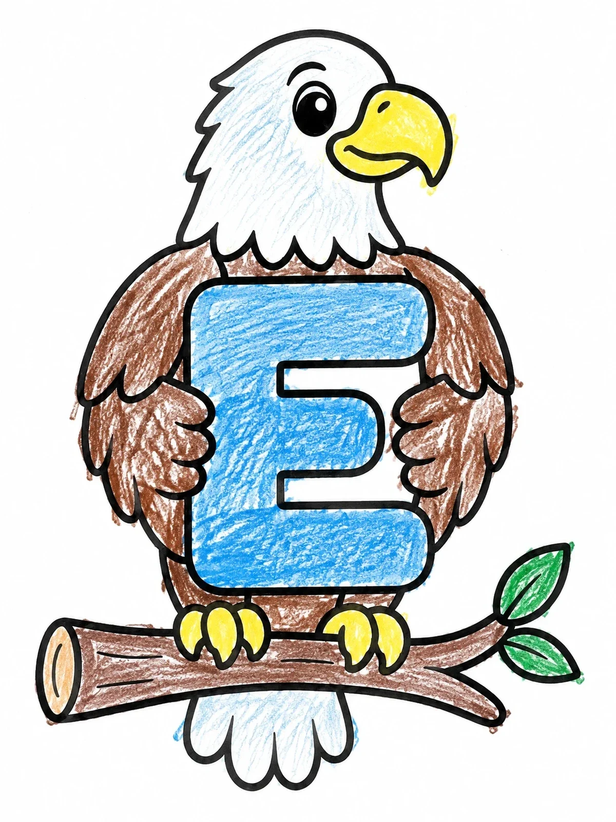 Colored example of the Cute Eagle Holding Letter E coloring page