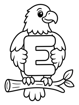 Free printable Cute Eagle Holding Letter E coloring page