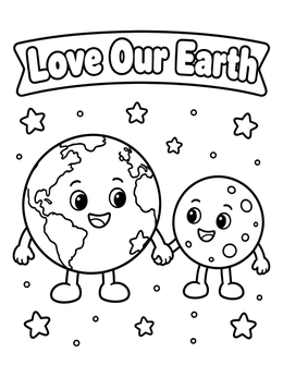 A friendly Earth and Moon hold hands in space on this earth day coloring page.