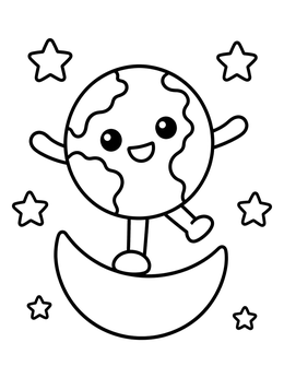 Free printable Cute Earth Balancing On Crescent Moon coloring page