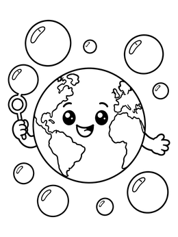 Free printable Cute Earth Blowing Soap Bubbles coloring page