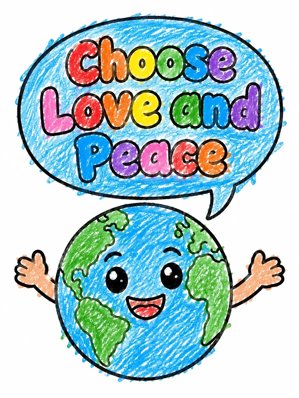 Colored example of the Cute Earth With Peace Speech Bubble coloring page