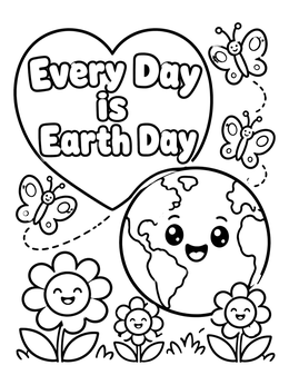 Smiling globe and flowers on an earth day coloring page.