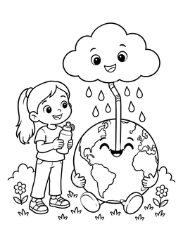 A happy earth day coloring page showing a girl watching cartoon Earth drink from a smiling raincloud.
