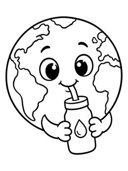 A friendly cartoon earth coloring page showing the planet drinking water with a straw.