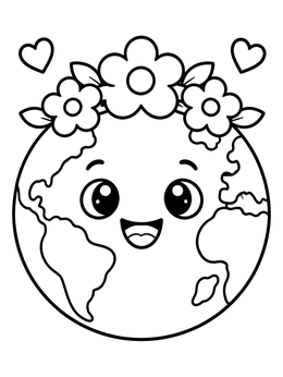 Free printable Cute Earth With Flower Crown coloring page