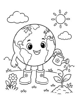 A smiling planet Earth in boots waters a plant on this cute earth day coloring page.