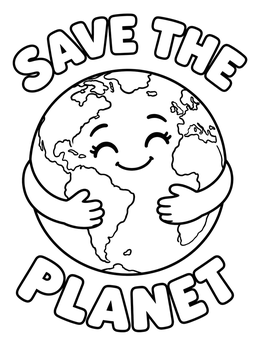 A friendly globe hugs itself on this cute earth day coloring page surrounded by bold bubble letters.
