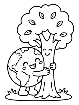 A friendly earth day coloring page showing a smiling globe hugging a tall tree.