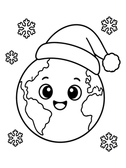A cheerful cartoon globe wearing a Santa hat surrounded by snowflakes in this earth coloring page.