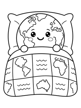 A cute earth day coloring page showing the smiling planet tucked into bed under a continent quilt.