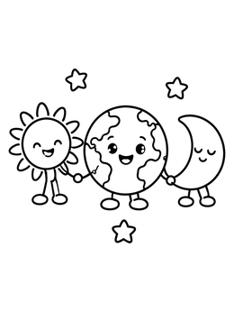 Free printable Cute Earth With Sun And Moon coloring page