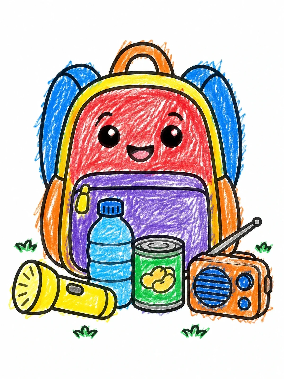 Colored example of the Cute Earthquake Emergency Kit Backpack coloring page